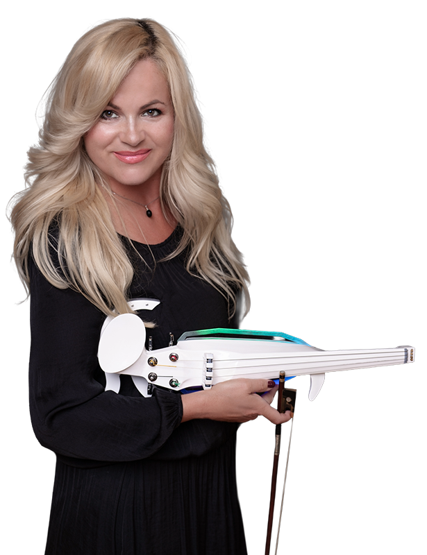 Frau hält weiße elektrische Violine